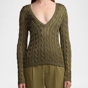 SOLDRalph Lauren Black Label 100% Silk Cable Knit V Neck Sweater, Military Green